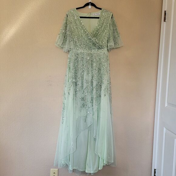 Mac Duggal Sequined Butterfly Sleeve High Low Gown in Sage Green size 10 Event - Picture 1 of 8